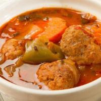 Albondigas Soup · hand rolled meatballs, carrots, bell peppers, and onions in a light broth