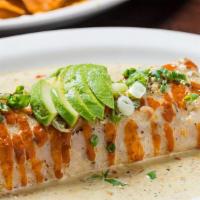 Drunken Burrito · steak or chicken, pasilla chiles, red onions, tomatoes, cabbage, avocado, and pinto beans sm...