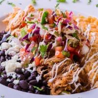 Burrito Bowl · choice of meats, rice, black beans, jalapeno slaw, queso fresco, pico de gallo, drizzled wit...