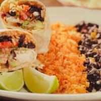 Grilled Mahi Burrito · mahi, rice, black beans, pico de gallo, avocado, cabbage, queso fresco,. chipotle mayo, and ...