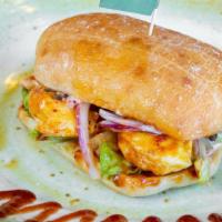 *The Sizzler · Peri chicken on a fresh ciabatta bun with lettuce, red onion, peri BBQ ＆ peri mayo.