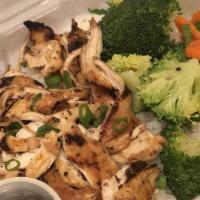 Teriyaki Bowl · Your choice of chicken, salmon or shrimp served with veggies and steamed rice.