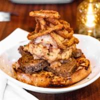Dave’S Bbq Meatloaf Tower · BBQ meatloaf piled almost as high as Dave’s mountain, on rustic cheddar ciabatta with mashed...