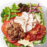Steak Club (260 Cals) · Our Steak Club…as a salad? You better believe it. Juicy steak, oven roasted turkey, hickory ...