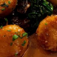 Sea Scallops 4Pcs · Pan Fried Sea Scallops with Portobello Mushroom and Spinach in Garlic Sesame Soy. 4pcs