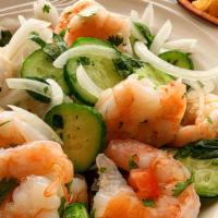 Shrimp Ceviche · Citrus marinated shrimp, sweet onion, cilantro, cucumber, jalapeno and tomato. Served with t...