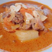Massaman Curry · Massaman Curry begins at Mild spicy.
With onion, carrot, potato and peanut.
