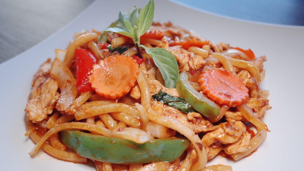 Spicy Basil Udon · With basil, bell pepper, onion, carrot and sriracha.