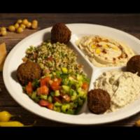 Combination From Salad Bar Plates · Your choice of any four salads, four falafel balls and pita bread.