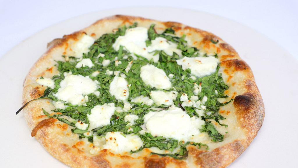 Spinach Ricotta Pizza · white pizza: fresh spinach, garlic, ricotta, alfredo sauce