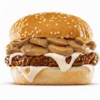 Mushroom Swiss Burger · Patty topped with cooked mushrooms and swiss cheese.