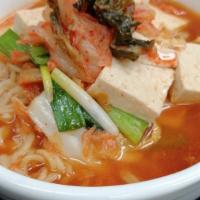Kimchi Ramen Soup · Spicy. Made with steamed tofu, mushrooms, and kimchi napa.