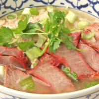 Bbq Pork Noodle Soup · Slices of Thai style BBQ pork, bean sprout, scallion, in clear chicken broth.