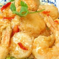 Shrimp & Scallop With 3 Flavored Sauce (Lard Prik) · Lightly battered and deep-fried shrimp and scallop topped with sweet & sour sauce, fresh dic...