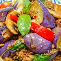 Eggplant Spicy Basil · Choices of ground chicken, ground pork, or ground beef stir-fried eggplant with onions, bell...