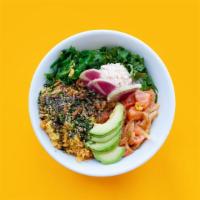 Superhero Poke · salmon + krab + rice // topped with avocado, chia seeds, cilantro, crispy onion, furikake, s...