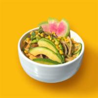 Power Protein Poke · tuna + krab + rice // topped with avocado, corn, cucumber, crispy onion, edamame, furikake, ...