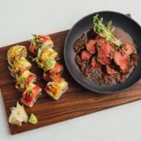 Steak + Tuna Avocado Roll · Tataki-style steak, ponzu sauce, tuna + avocado roll