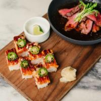 Steak + Seared Salmon Sushi · Tataki-style steak, ponzu sauce, seared salmon sushi