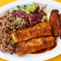 Jerk Chicken Enchiladas · Our signature jamaican style shredded chicken breast enchiladas smothered in our sweet and s...