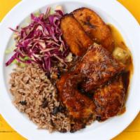Cha Cha Chicken (Whole) · Oven roasted chicken smothered in a delicately spiced jamaican jerk sauce.