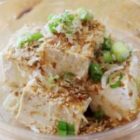 Hiyayakko (Cold Tofu) · Cold tofu topped with soy sauce, green onions, sesame seeds, sesame oil and bonito flakes