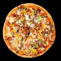 The Works · Pizza Sauce, Mozzarella, Pepperoni, Sausage, Mushrooms, Bell Peppers, Onions, Black Olives