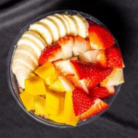Pitaya Bowl · Dragon Fruit , Strawberry , Mango. Topped with Strawberries , Banana ,Mango and Granola.