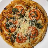 Margherita · Lightly seasoned olive oil, Roma tomatoes, Mozzarella topped with fresh basil and asiago che...