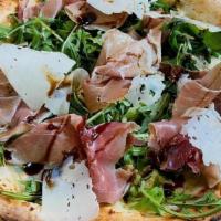 Parma · scamorza, extra virgin olive oil, finished with wild baby arugula, prosciutto crudo, and sha...