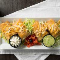 Burrito Fingers · Four crispy mini burritos, beef or chicken, beans, jalapeno, spicy carrot, jack, cheddar, gu...