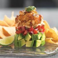 Fresh Avocado And Shrimp Stack · Fresh avocado, pico de gallo, spicy chipotle ranch dressing layered and topped with Cajun gr...