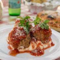 Meatball Supreme · Meatballs on a smear of ricotta & marinara sauce topped with mozzarella cheese, pecorino rom...