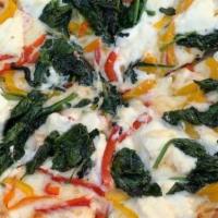 Pizza Bianca · (no tomato sauce) Spinach, mushrooms, peppers, ricotta cheese & mozzarella cheese.