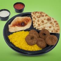 Falafel Plate · Ground chickpeas mixed with vegetables, spices, & deep fried.