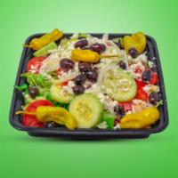 Greek Salad · Romaine, cucumber, tomato, onion, olives, feta cheese & homemade sauce.