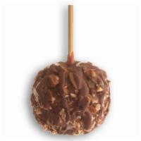 English Toffee Apple · Caramel-covered granny smith apple rolled in toffee pieces, drizzled with milk chocolate, an...