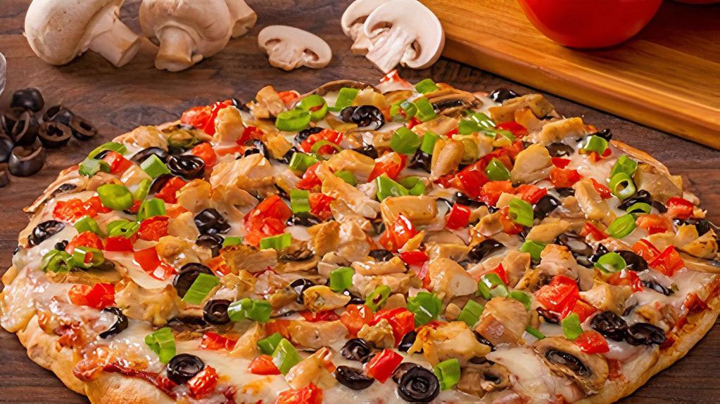Garlic Chicken · Baked chicken, green peppers, onions, and tomatoes on our creamy garlic sauce.
