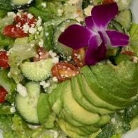 Mediterranean Salad · Romaine Lettuce, Cucumber, Tomatoes, Feta Cheese, Avocado, with Italian Dressing