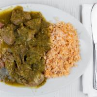 Pork Chile Verde · Cubes of pork simmered in our secret homemade multi-spice chile verde sauce.