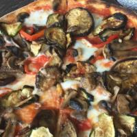 Vegetariana · Tomato sauce, fresh mozzarella, eggplant, zucchini, mushrooms, and bell peppers.