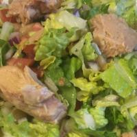 Chop Salad · Chopped romaine  lettuce, tomatoes, cannellini beans green beans, onion and tuna with lemon ...