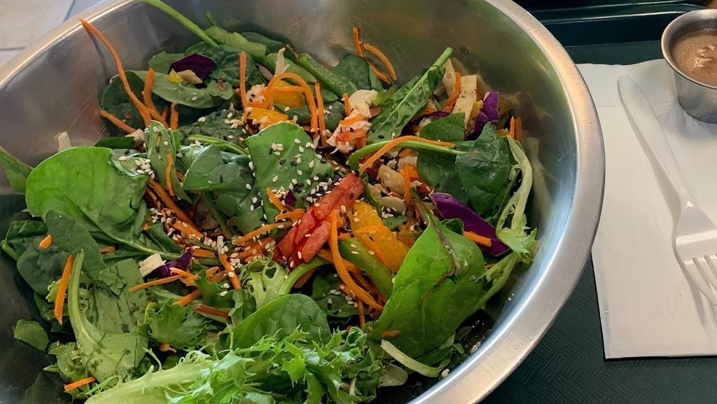 Asian Salad · Iceberg, spring mix, red cabbage, chicken, carrots, wonton strips, almonds, red bell peppers, sesame seeds, cilantro and Mandarin oranges. Chef recommended roasted sesame seeds dressing.