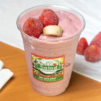 Strawberry Banana Smoothie · Frozen banana, frozen strawberries, unsweetened Almond milk, Greek yogurt, and honey.