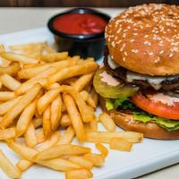 Cheeseburger · Fresh and juicy beef, lettuce, tomato, red onion, pickles, and panini sauce, topped with che...
