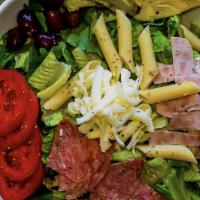 Napoli Salad · penne pasta, romaine lettuce, ham, salami, tomatoes, artichokes, Kalamata olives, mozzarella...