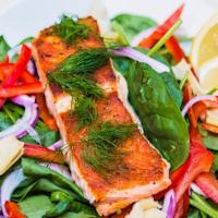 Grilled Salmon Salad · grilled salmon served on fresh spinach with red onions, red bell peppers, artichoke, fresh d...