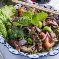 Beef Salad · Grilled 8 oz. ribeye steak, cucumber, tomatoes, onions, cilantro, celery, mints, lime juice ...