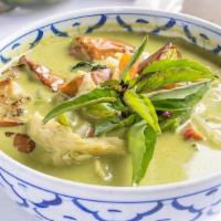 Green Curry (L) · Eggplants, bamboo shoots, bell peppers and sweet basil leaves simmered in green curry and co...