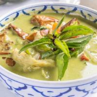 Green Curry · Eggplants, bamboo shoots, bell peppers and sweet basil leaves simmered in green curry and co...
